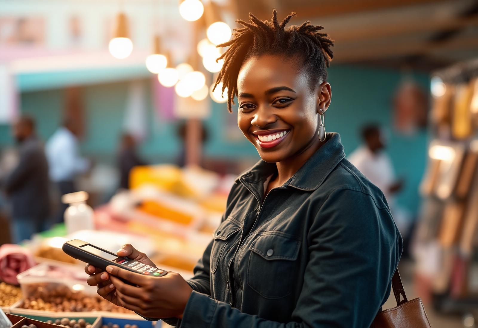 South African business owner accepting a card payment with a SmartFin terminal