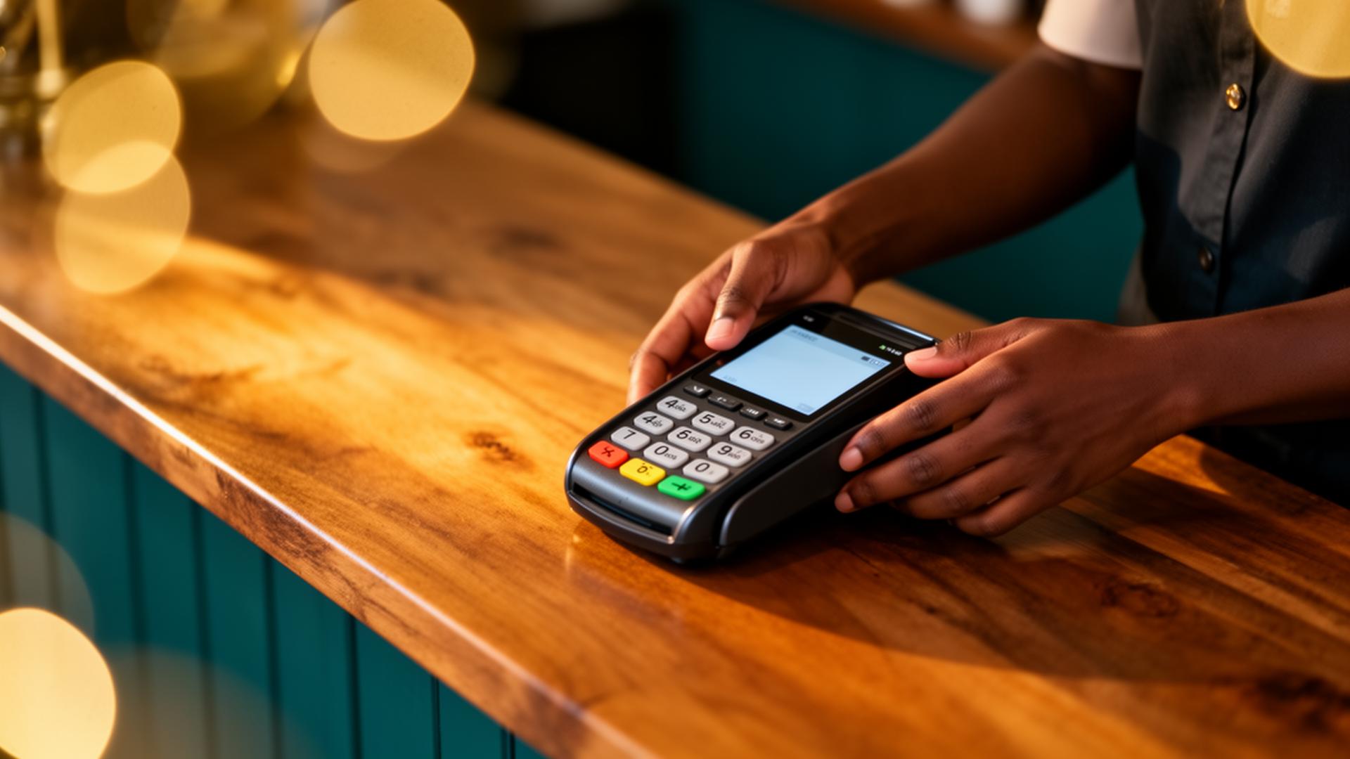 Hands using a SmartFin payment terminal on a wooden counter