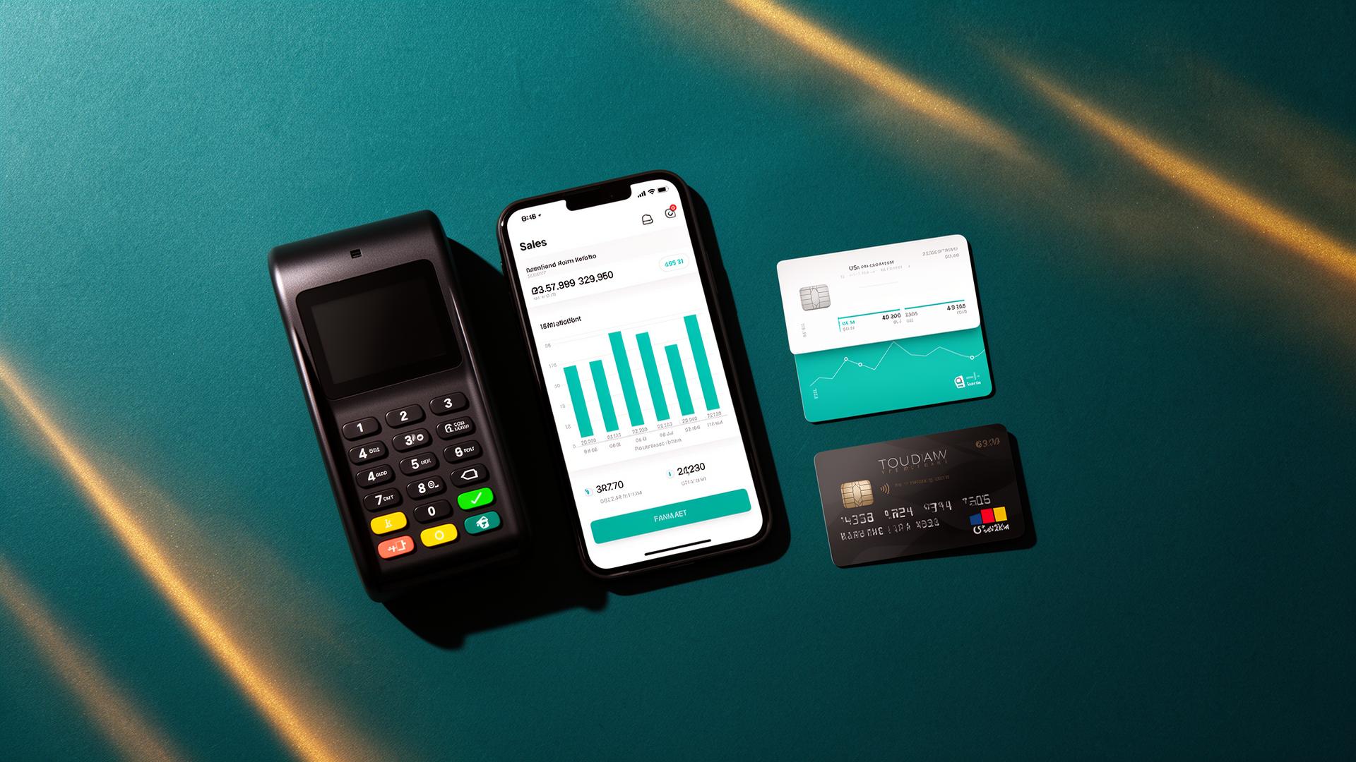 SmartFin payment terminal alongside a sales analytics dashboard